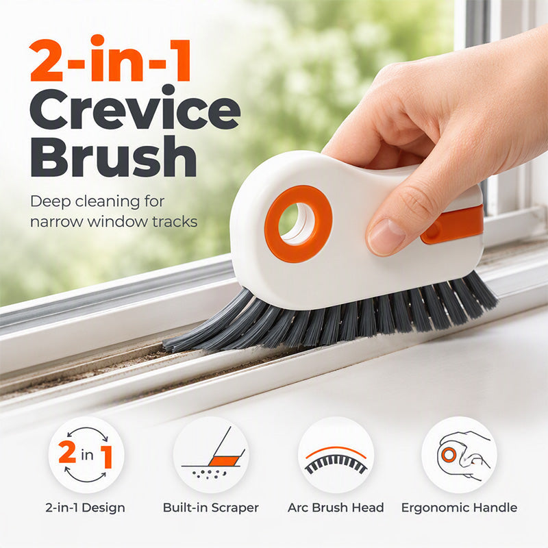 🧹 Brosse de nettoyage 2-en-1 pour rainures de fenêtres avec grattoir intégré – Outil pour interstices étroits à poils durs
