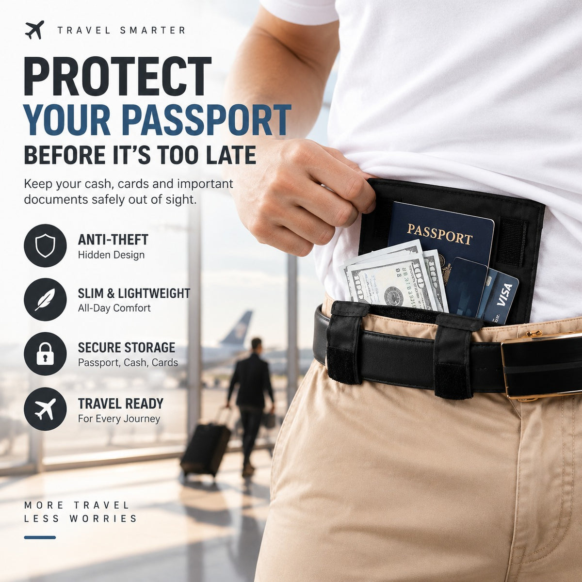 ✈️ Hidden Anti-Theft Passport Pouch – Slim Travel Security Belt Wallet for Cash, Cards & Documents