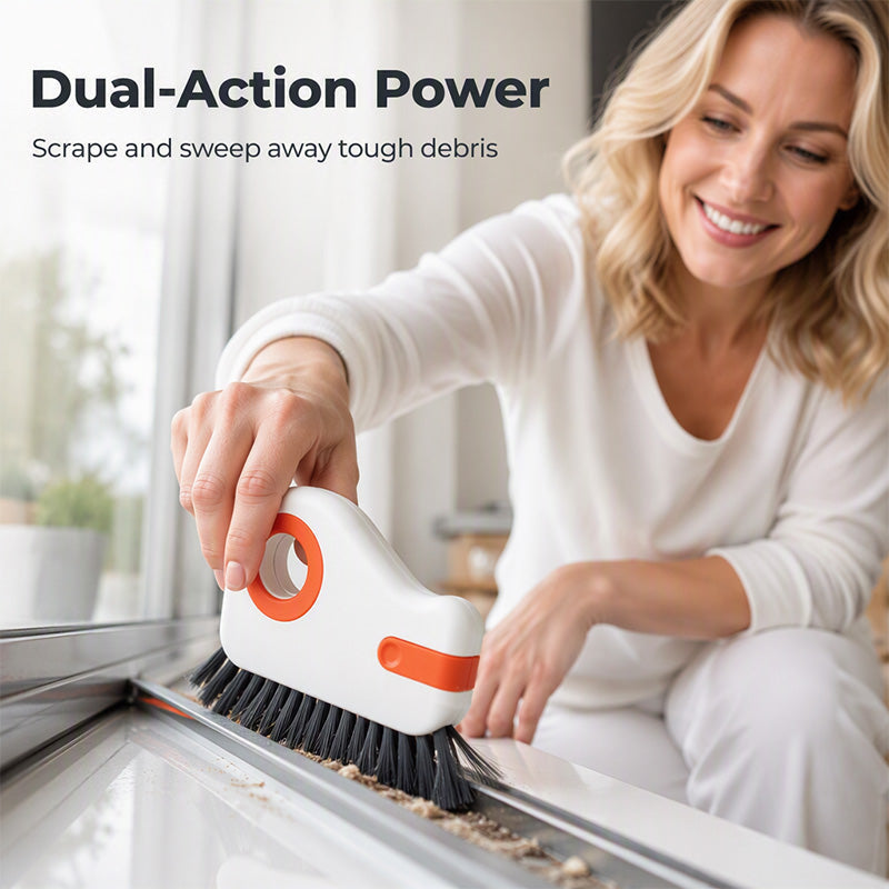 🧹 Brosse de nettoyage 2-en-1 pour rainures de fenêtres avec grattoir intégré – Outil pour interstices étroits à poils durs