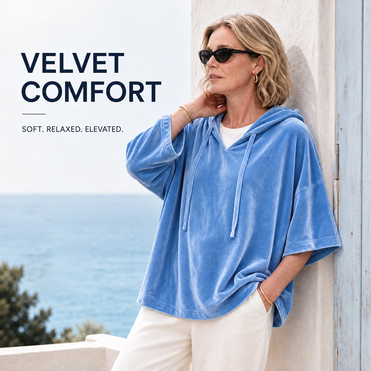Women’s 3/4 Sleeves Minimalist Velour Hoodie Top