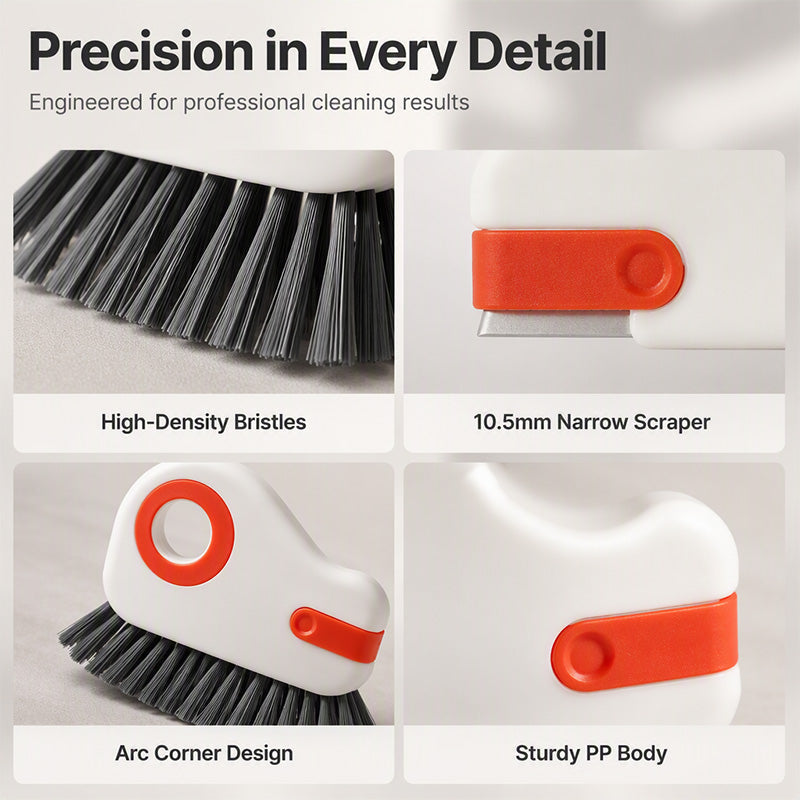 🧹 Brosse de nettoyage 2-en-1 pour rainures de fenêtres avec grattoir intégré – Outil pour interstices étroits à poils durs