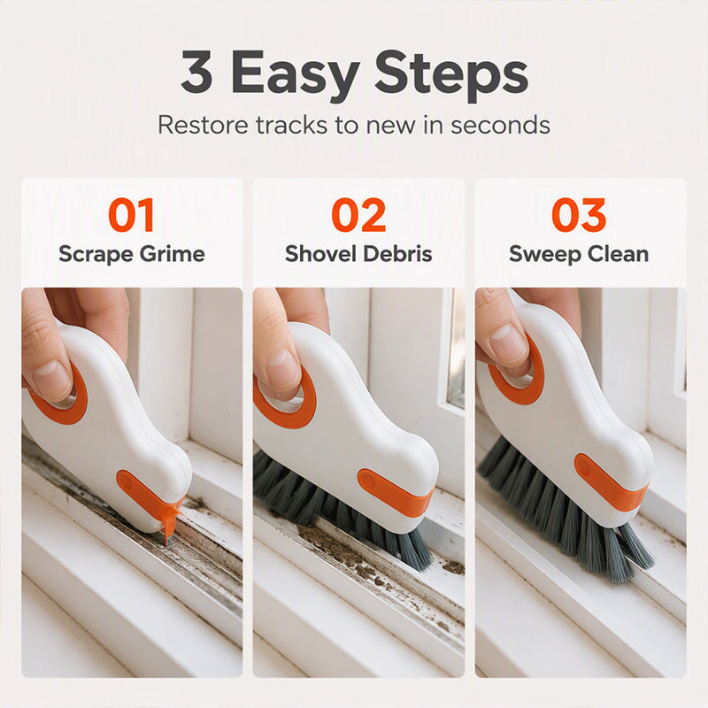 🧹 Brosse de nettoyage 2-en-1 pour rainures de fenêtres avec grattoir intégré – Outil pour interstices étroits à poils durs