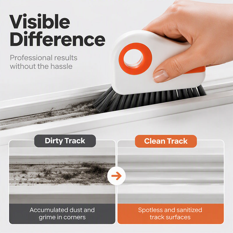 🧹 Brosse de nettoyage 2-en-1 pour rainures de fenêtres avec grattoir intégré – Outil pour interstices étroits à poils durs