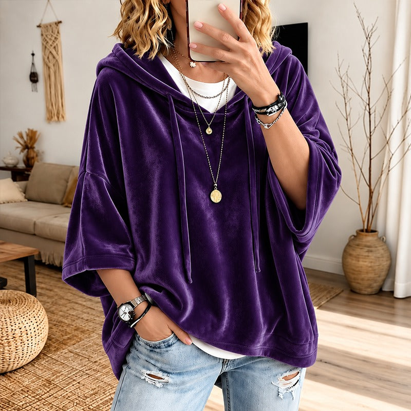 Women’s 3/4 Sleeves Minimalist Velour Hoodie Top