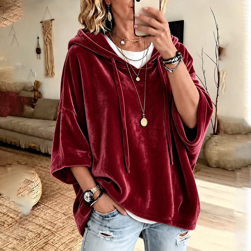 Women’s 3/4 Sleeves Minimalist Velour Hoodie Top
