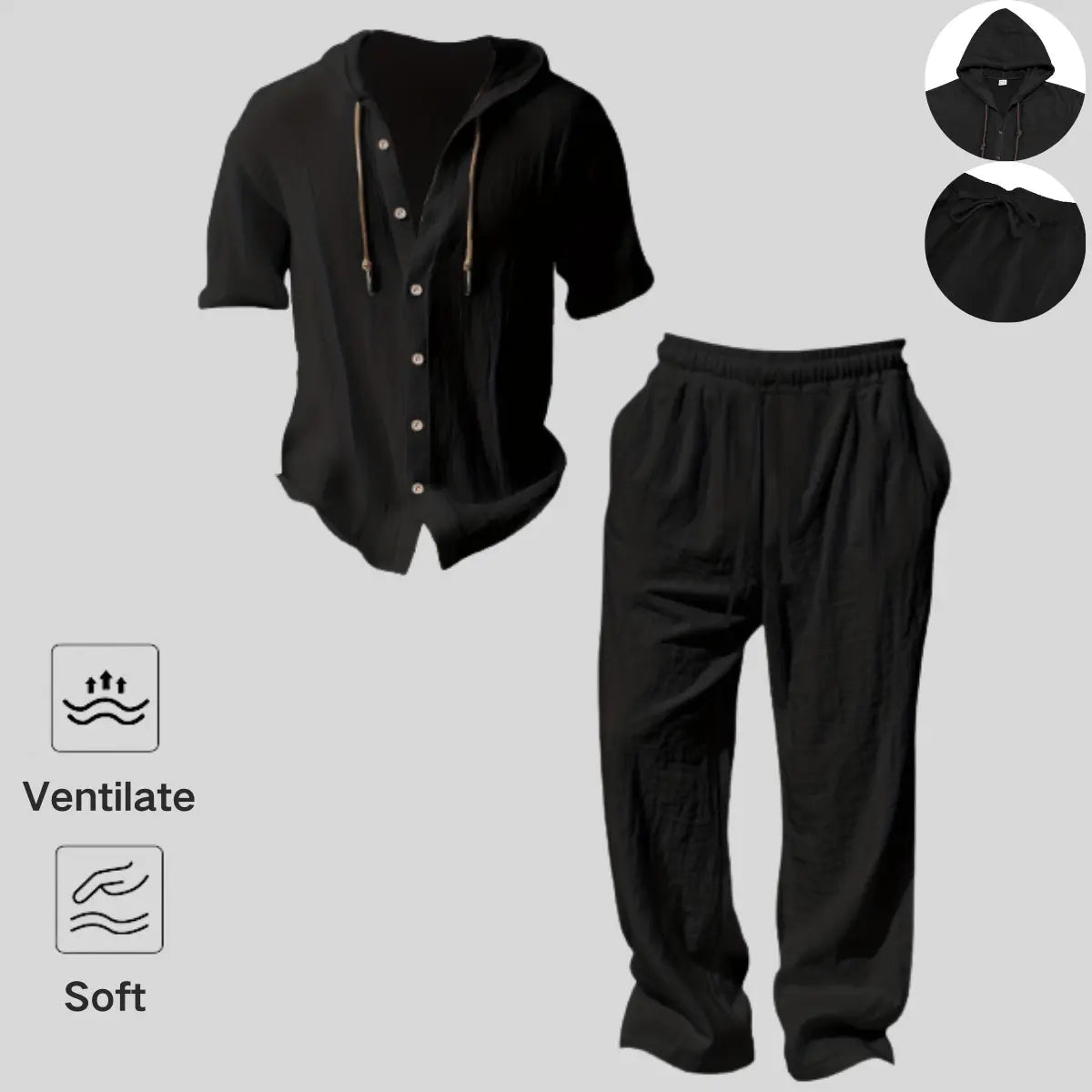 Conjunto ligero de dos piezas para hombre con capucha, estilo casual para vacaciones, tela fina holgada y transpirable, sudadera con capucha y pantalón de pierna ancha, para uso en verano