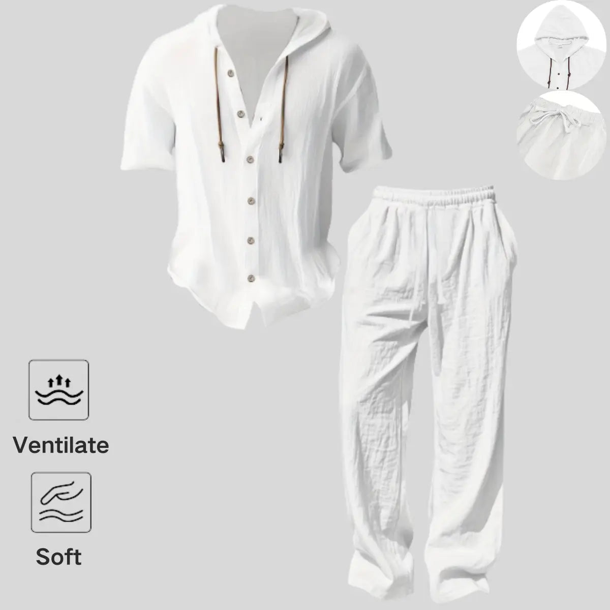 Conjunto ligero de dos piezas para hombre con capucha, estilo casual para vacaciones, tela fina holgada y transpirable, sudadera con capucha y pantalón de pierna ancha, para uso en verano