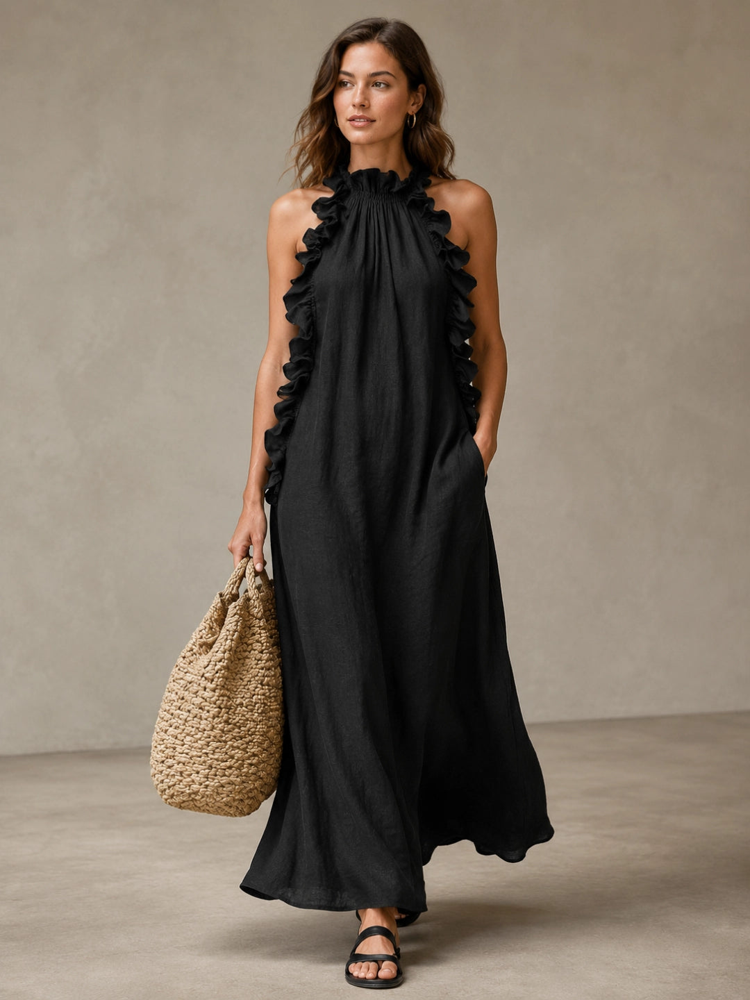 Robe longue fluide à encolure américaine et volants pour les vacances et les journées d'été