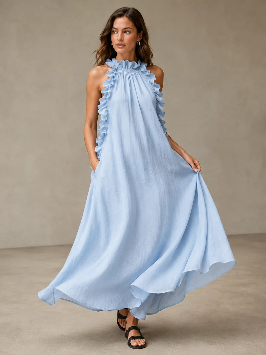 Robe longue fluide à encolure américaine et volants pour les vacances et les journées d'été