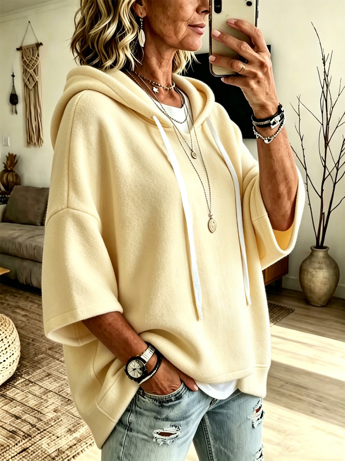 Women’s 3/4 Sleeves Minimalist Velour Hoodie Top