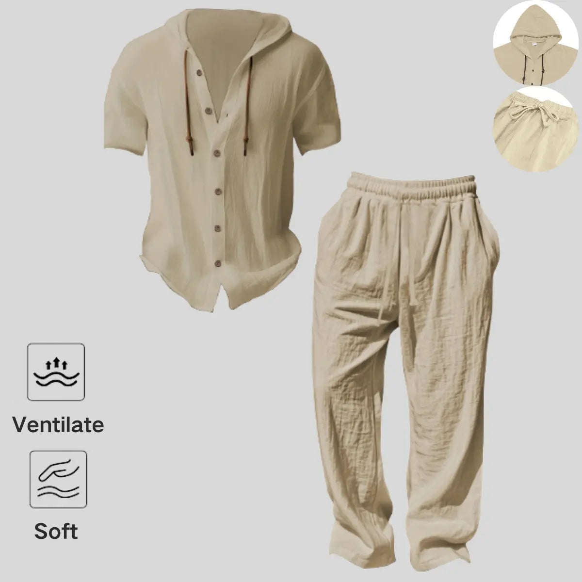 Conjunto ligero de dos piezas para hombre con capucha, estilo casual para vacaciones, tela fina holgada y transpirable, sudadera con capucha y pantalón de pierna ancha, para uso en verano