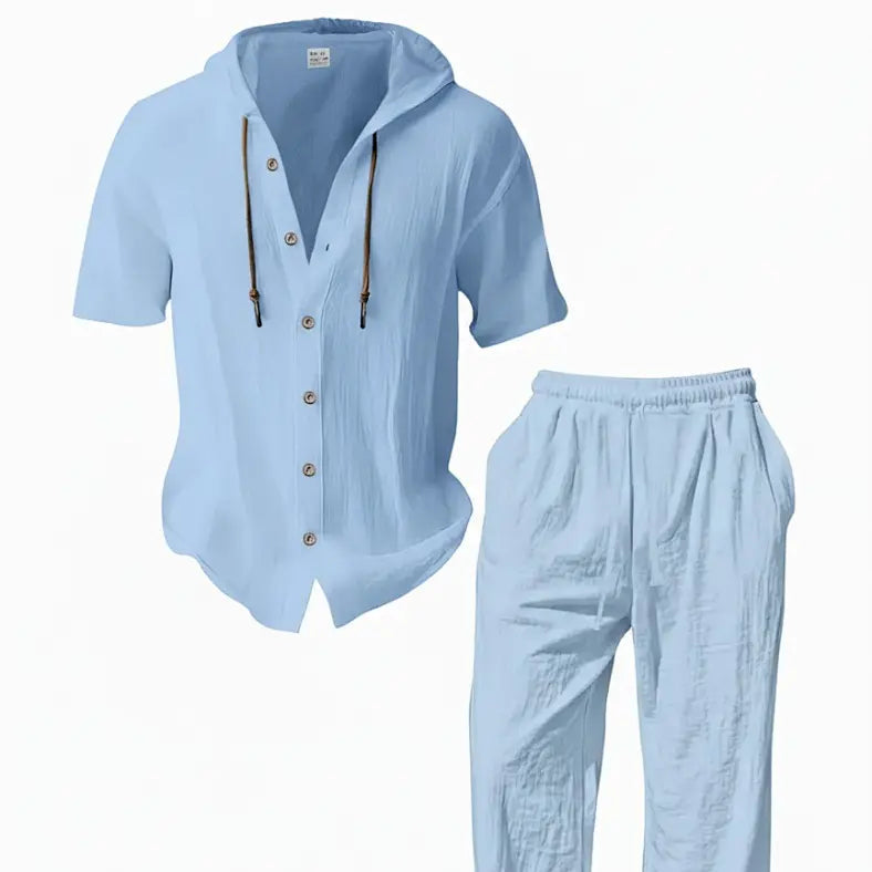 Conjunto ligero de dos piezas para hombre con capucha, estilo casual para vacaciones, tela fina holgada y transpirable, sudadera con capucha y pantalón de pierna ancha, para uso en verano