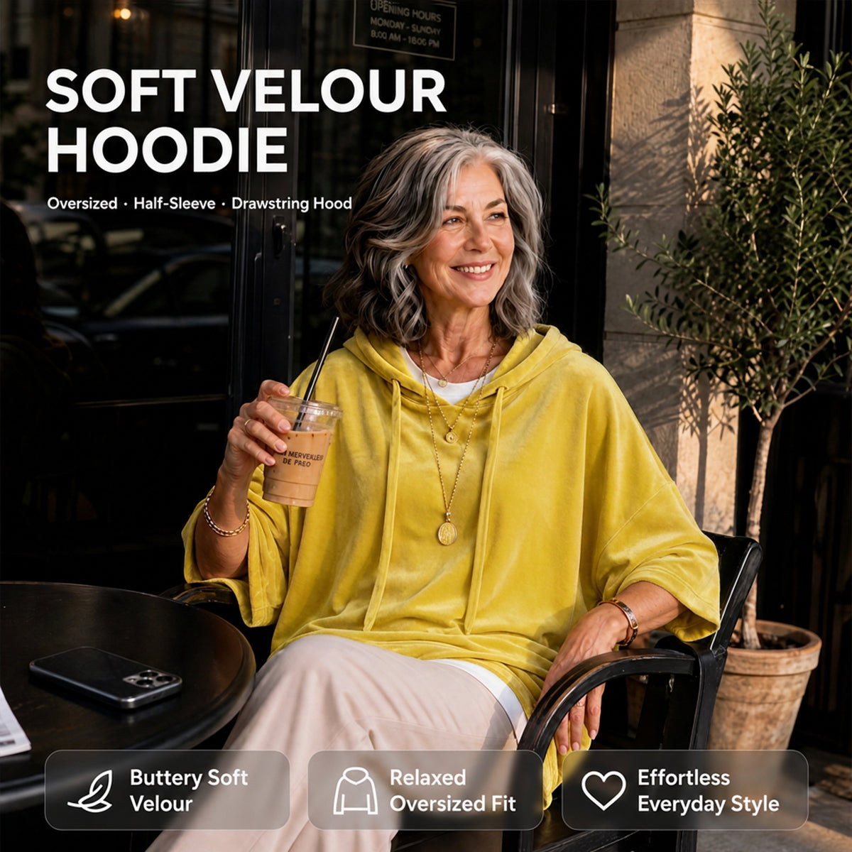 Women’s 3/4 Sleeves Minimalist Velour Hoodie Top