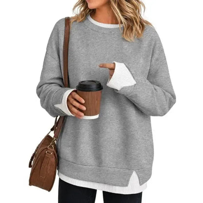 Women Crew Neck Fake Two Piece Striped Patchwork Drop Shoulder Oversized Sweatshirt