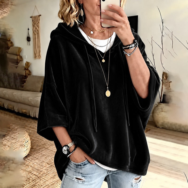 Women’s 3/4 Sleeves Minimalist Velour Hoodie Top