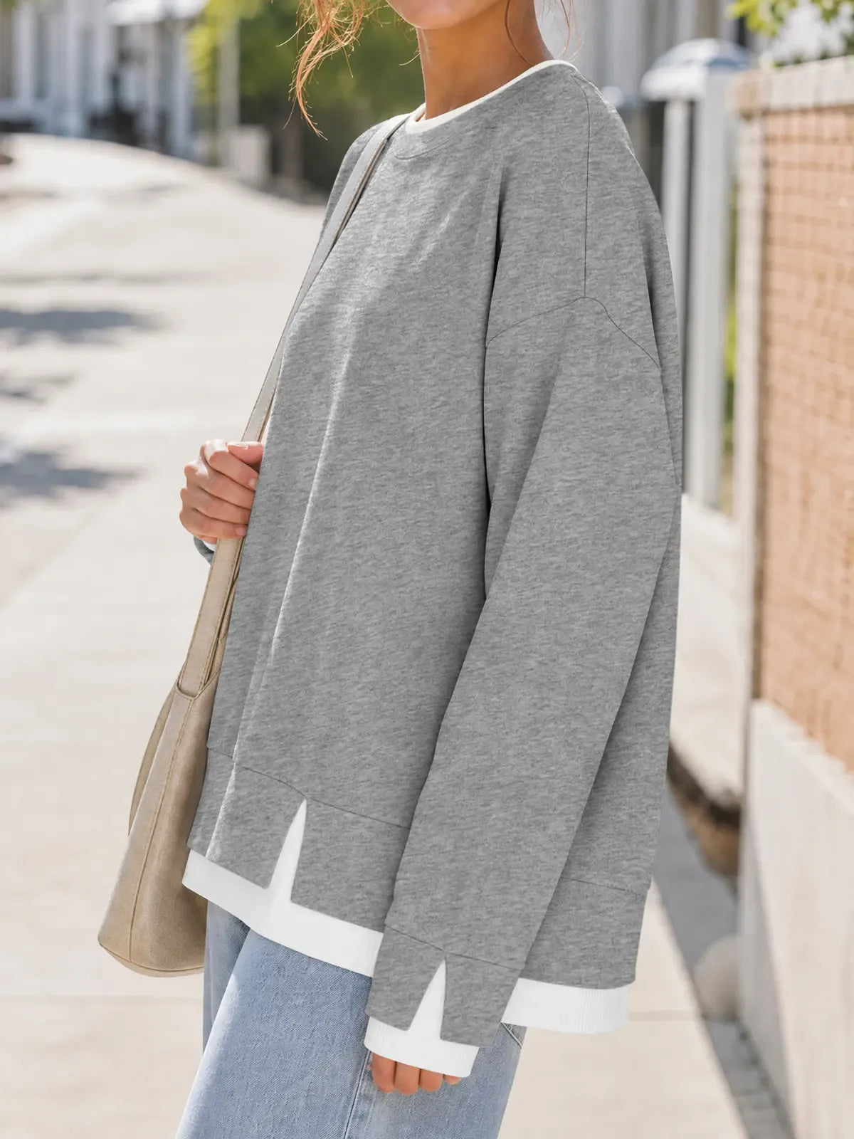 Women Crew Neck Fake Two Piece Striped Patchwork Drop Shoulder Oversized Sweatshirt