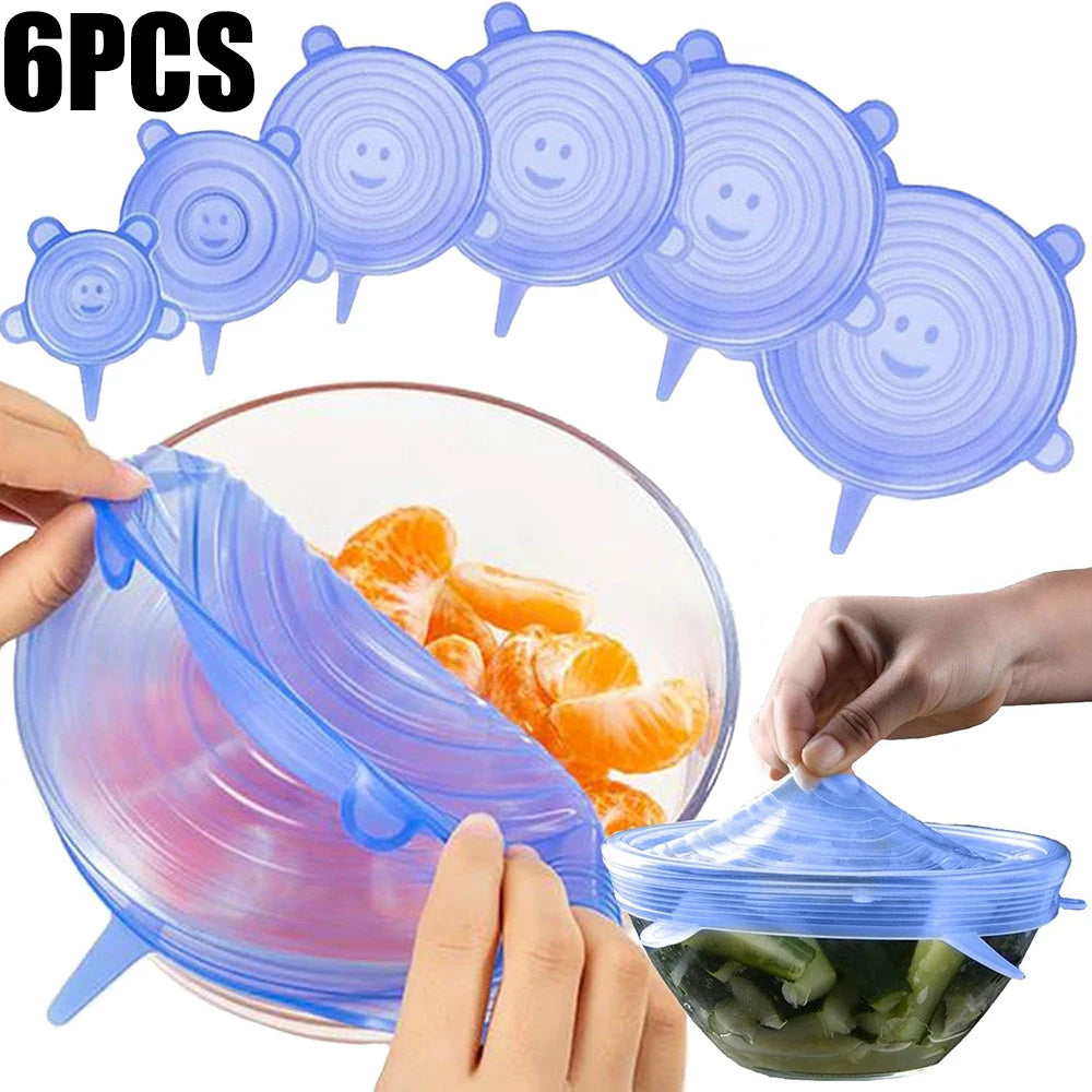 6Pcs Reusable Silicone Stretch Lids for fit bowls, cups, fruits & more.