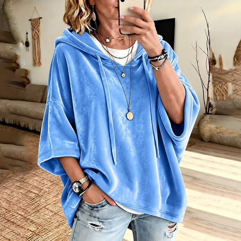 Women’s 3/4 Sleeves Minimalist Velour Hoodie Top