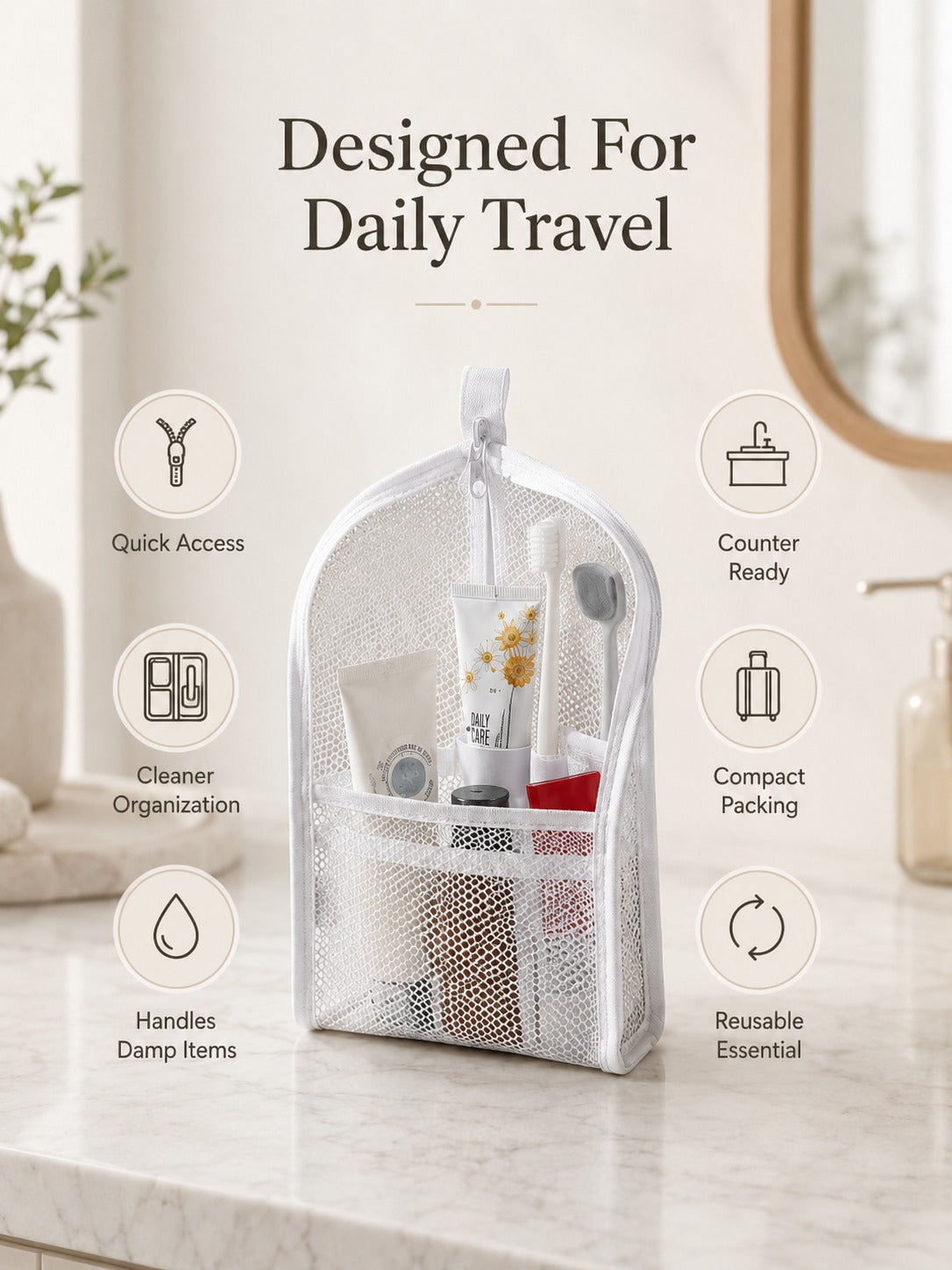 🎒 Neceser de malla con cremallera - 2x1 - Bolsa organizadora de cosméticos de viaje con múltiples bolsillos
