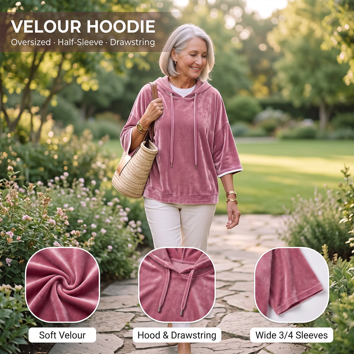 Women’s 3/4 Sleeves Minimalist Velour Hoodie Top