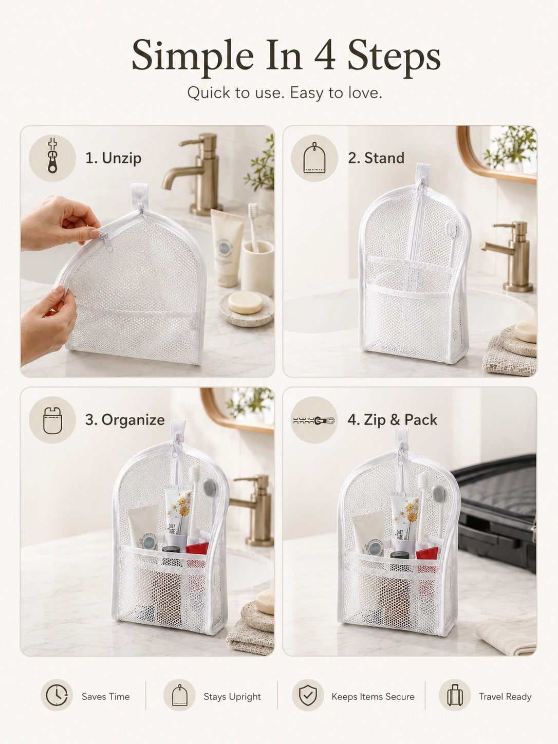 🎒 Neceser de malla con cremallera - 2x1 - Bolsa organizadora de cosméticos de viaje con múltiples bolsillos