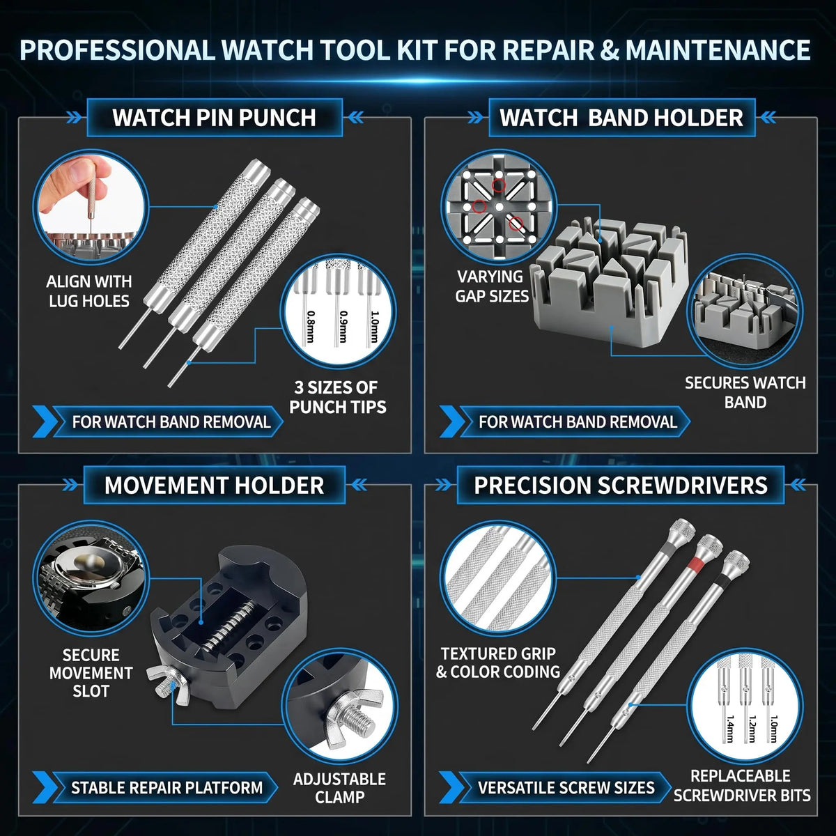 ⚡Watch Repair Tool Kit - Watch Battery Replacement & Strap Disassembly Tools, Case Opener, Spring Bar & Pin Remover