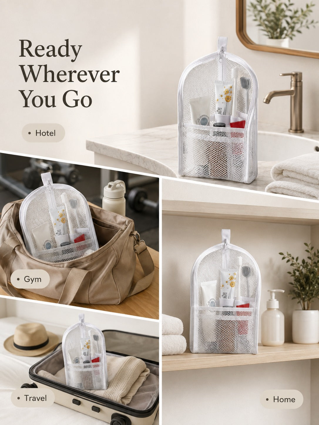 🎒 Neceser de malla con cremallera - 2x1 - Bolsa organizadora de cosméticos de viaje con múltiples bolsillos