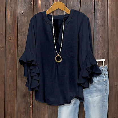 Plus Size Women's Ruffle Sleeve V-Neck Shirt