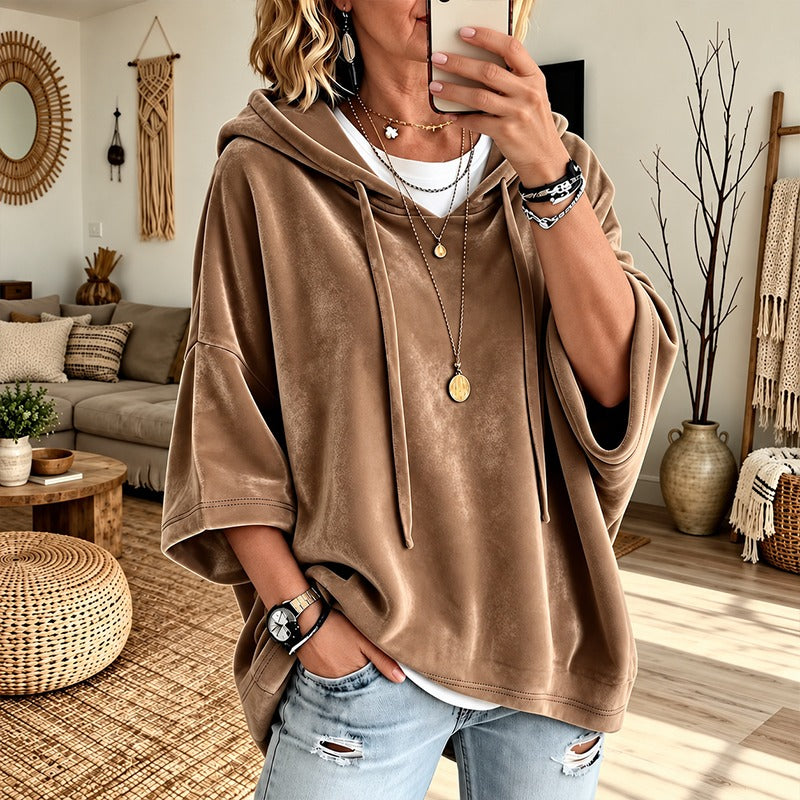 Women’s 3/4 Sleeves Minimalist Velour Hoodie Top