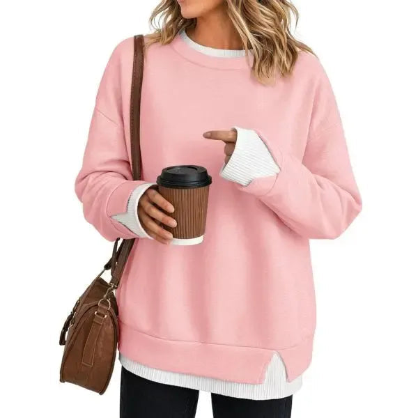 Women Crew Neck Fake Two Piece Striped Patchwork Drop Shoulder Oversized Sweatshirt