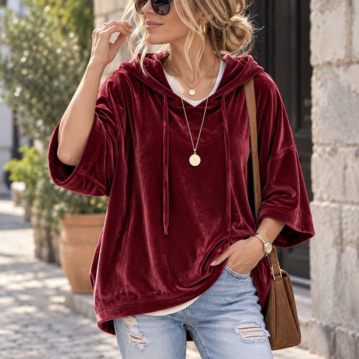 Women’s 3/4 Sleeves Minimalist Velour Hoodie Top