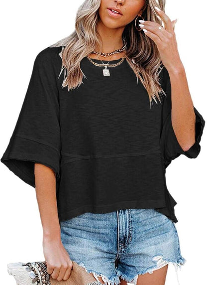 Summer Special Offer-Panel Solid Color Flared Sleeve T-Shirt