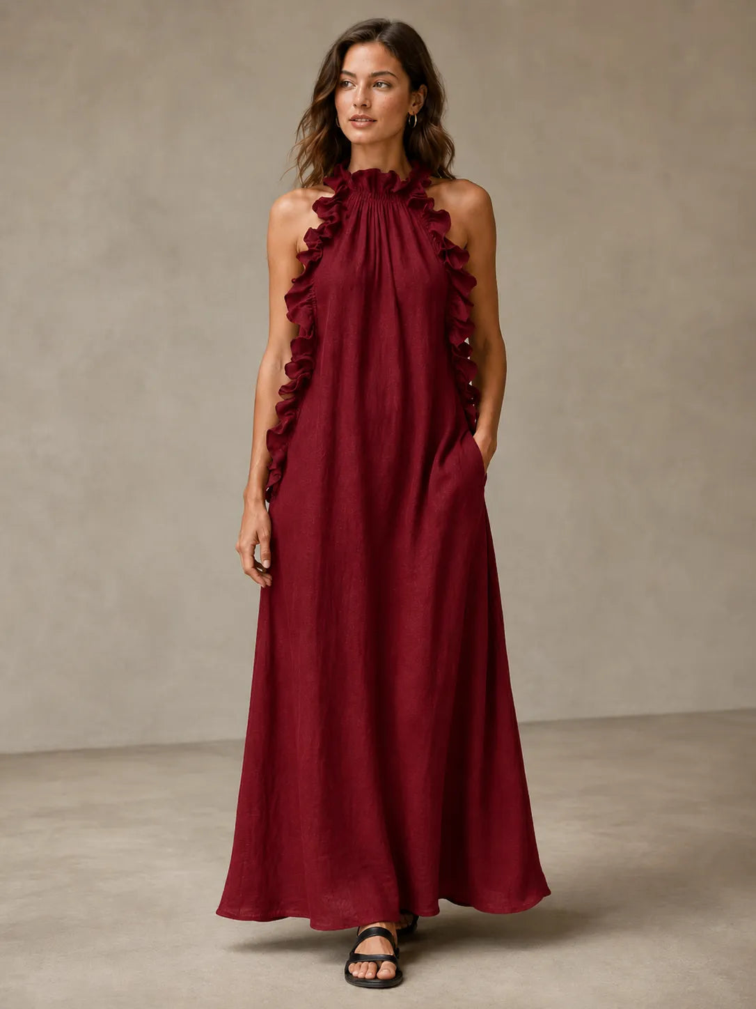 Breezy Halter Neck Ruffle Maxi Dress for Vacation & Summer Days