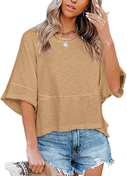 Summer Special Offer-Panel Solid Color Flared Sleeve T-Shirt